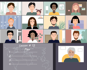 Online lesson students and the teacher. Coronavirus quarantine distance education concept. Stay at home vector illustration. Studying pupils or students. Laptop screenshot