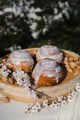 Homemade Cinnabon Buns with Cinnamon and Cream. Tasty cakes with cream buttercream icing. Easter sweet dessert cake. Close up view. Cinnamon in blooming trees. Outdoor shooting in garden.