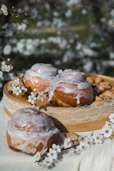 Homemade Cinnabon Buns with Cinnamon and Cream. Tasty cakes with cream buttercream icing. Easter sweet dessert cake. Close up view. Cinnamon in blooming trees. Outdoor shooting in garden.