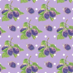 Seamless pattern with ripe plum on lilac background for wrapper, textile, scrapbooking paper