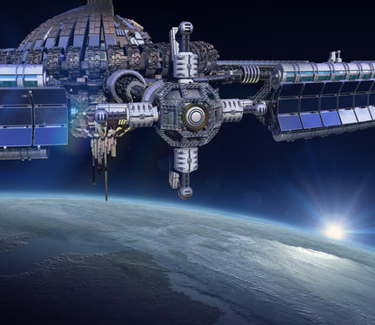 Futuristic space station near Earth.