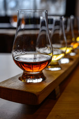 Flight of Scottish whisky, tasting glasses with variety of single malts or blended whiskey spirits on distillery tour in Scotland