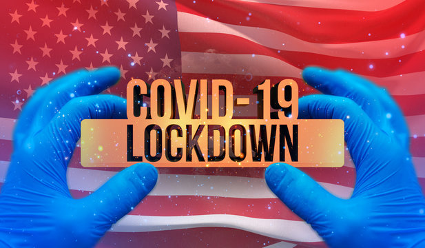 COVID-19 lockdown concept with backgroung of waving national flag of America. Pandemic 3D illustration.