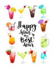 Happy hour is the best hour. Handwritten lettering quote and hand drawn glasses with different cocktails