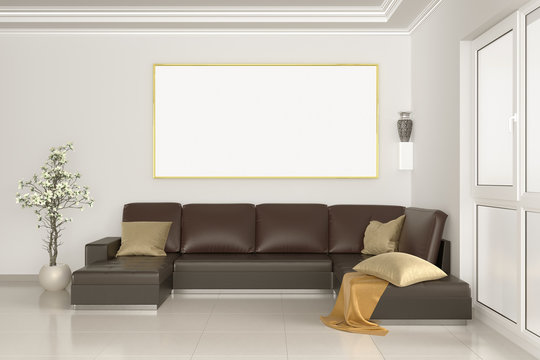 canvas with gold frame with brown leather couch sofa and vases. White wall Background