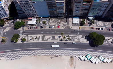 Top down view on Copacabana beach and boulevard with the decorated sidewalk and colourful Portuguese tiles pavement during the COVID-19 Corona virus outbreak