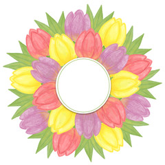 Hand drawn frame with multi colored tulips, floral frames design, for greeting cards, invitations