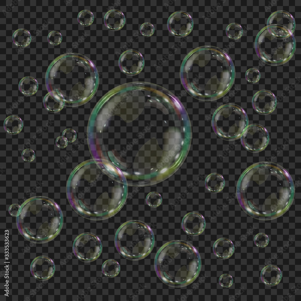 Poster Abstract background with realistic transparent colorful soap bubbles with rainbow reflection. Backdrop with bubble blower.