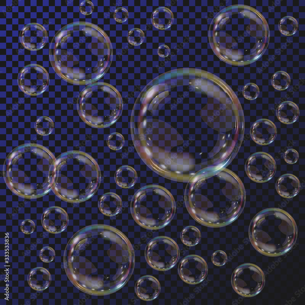 Poster Abstract background with realistic transparent colorful soap bubbles with rainbow reflection. Backdrop with bubble blower.