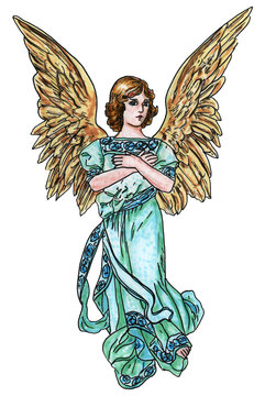Beautiful Angel with Large Golden Wings Watercolor  Illustration