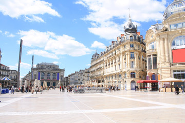 Fototapeta na wymiar Comedy square in Montpellier, its opera and the three graces fountain, France