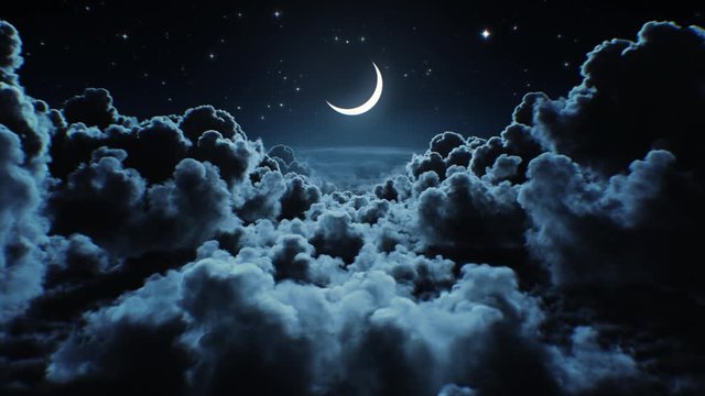 Beautiful Moon in the Skies. Flying Over the Infinite Clouds with the Night Moon Shining Seamless. Looped 3d Animation with Moonlight Over the Horizon. 4k Ultra HD 3840x2160