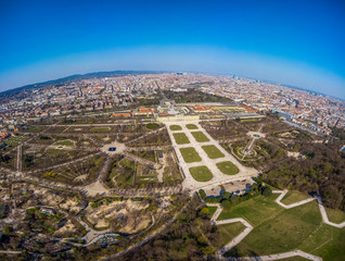 Top photo in the afternoon over Schonbrunn Park in Vienna. View of the palace from above. Austria.