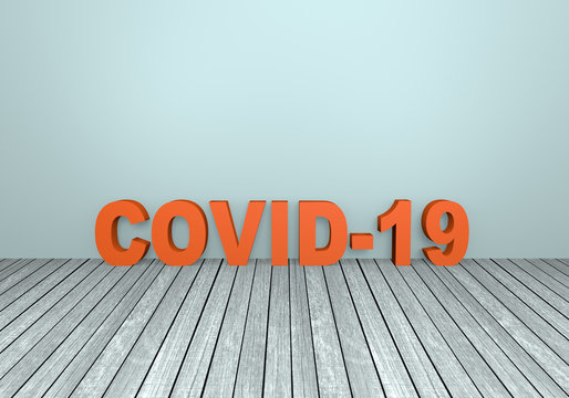 Roter 3D Text "Covid-19" auf grauem Holzboden mit Textfreiraum.  3d rendering