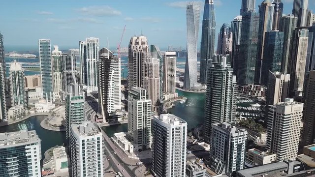 High skyscrapers in Dubai Marina. View from the drone