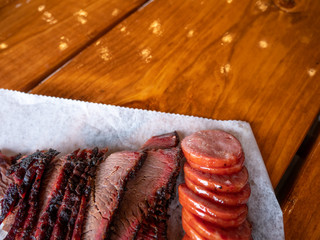 Close Up View of Texas BBQ Brisket and Pork Sausage