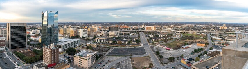 Aerial View of Downtown San Antonio and Highways During the Early Morning