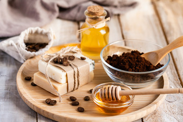 Concept of home beauty care and natural organic ingredients in cosmetology. Coffee, honey, oil for...
