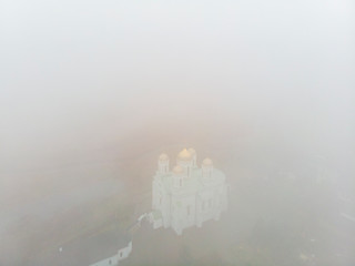Beautiful view of Zimnensky Svyatogorsky monastery from above. View of the domes and the Assumption Cathedral.