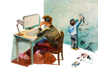 Yong mom, sitting back to watcher, working in her home offise when her small creative son drawing with markers on the wall. Original watercolor illustration of working and parenting