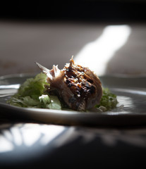Fish Bones on ceramic plate with green lettuce and with side reflexion. 