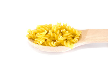 pasta in a wooden spoon on a white background.