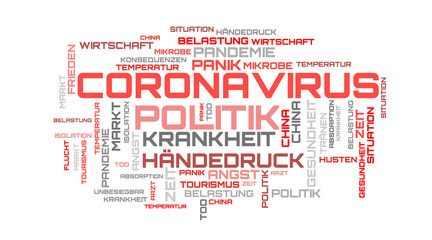 Red word collage on german language background