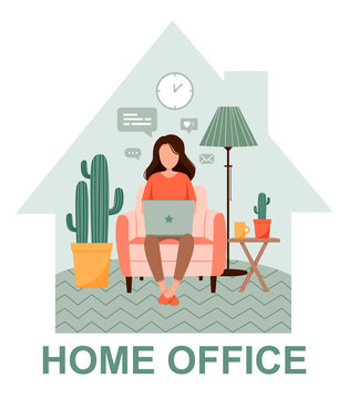 Woman With Laptop On The Chair. Freelance Or Studying Staying Home. Young Girl Working From Home. Self-isolation Shield From Coronavirus. Remote Work From Home During Quarantine. Flat Vector Poster