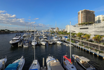 Aerial view of boats docked at a local marina close to the Las Olas Bridge and the Fort Lauderdale...