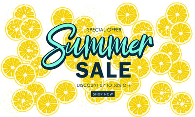 Summer sale graphic poster. Background lemon sliced in yellow color. Calligraphic discount offer 50 percent off. Modern 3d paper cut style Vector illustration.