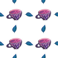 watercolor hand painted pattern with cute cups and tea leaves