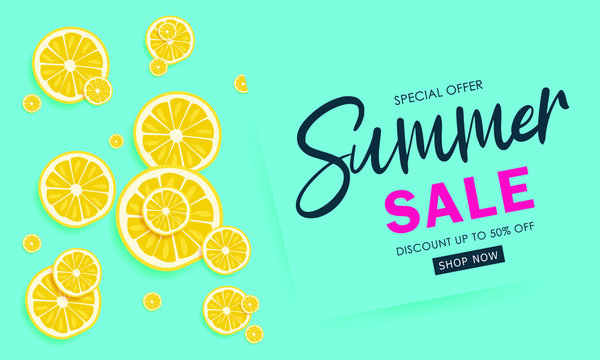 Summer sale minimal 3d paper cut style for banner, poster, card, invitation, print. Background lemon sliced in yellow color. Calligraphic discount offer 50 percent off. Vector illustration.