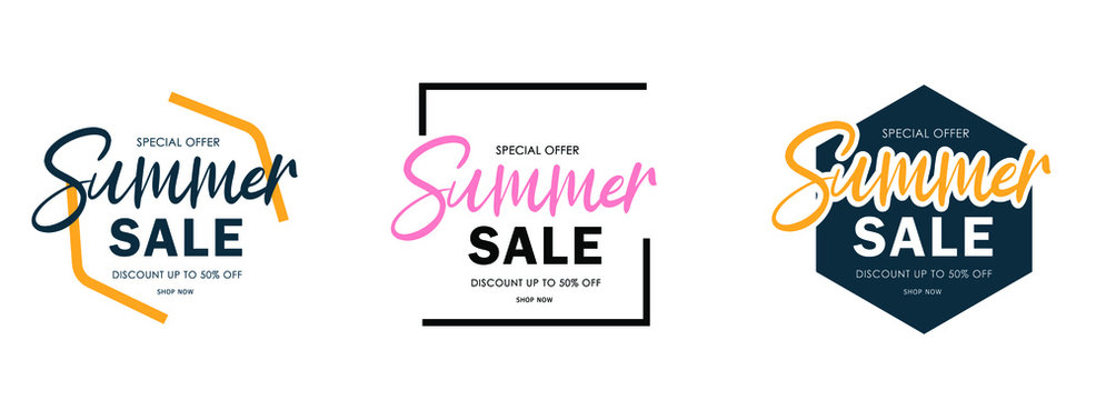 Summer sale offer for banner, poster, card, invitation, print. Paper cut style. Background graphic sticker. Modern 3d font. Calligraphic discount offer 50 percent off. Vector illustration.