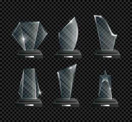 Awards vector realistic illustrations set. Success, achievement, championship, competition victory. Sports and cinema 3D rewards pack. Crystal trophies collection isolated on transparent background.