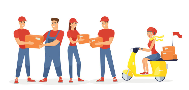 Vector illustration set of delivery man, delivery service flat cartoon characters. Couriers, delivery man order, parcel isolated on white background. Girl, scooter with boxes, home delivery, post.