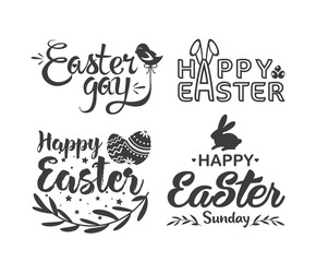 Easter hand drawn lettering logo vector illustration set with traditional symbols holiday