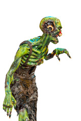 Fototapeta premium zombie is walking on white background side view