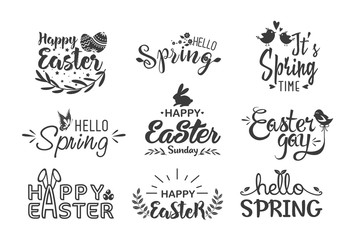 Hello spring and happy easter hand drawn lettering logo vector illustration set with holiday symbols