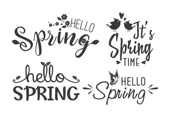 Hello spring hand drawn design lettering logo vector illustration set with season symbols