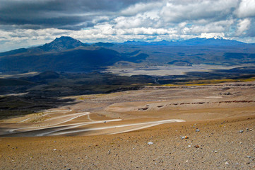 Sincholagua and Antisana volcanoes at a distance from the slopes of the Cotopaxi volcano, in the Cotopaxi National Park, Ecuador