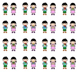 プレゼントと花束を持つ男の子と女の子