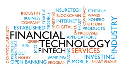 Obraz premium Financial technology, fintech word tag cloud. 3D rendering, white variant.