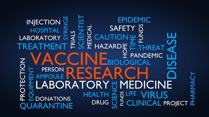 Vaccine research & development word tag cloud. 3D rendering, blue variant