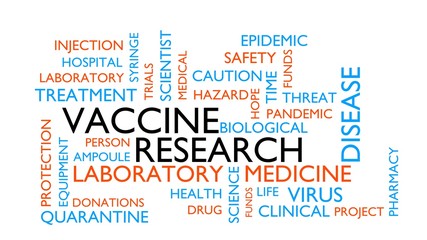 Vaccine research & development word tag cloud. 3D rendering, white variant
