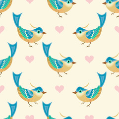 Vector seamless pattern with birds and hearts. Cute texture with hand painted colorful birds. Elegant ornament background. Repeat design for babies, boys and girls, decoration, wallpapers, textile