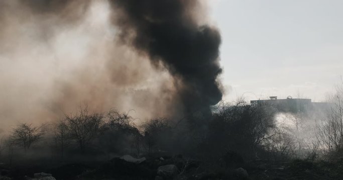 High column thick smoke and fire in city park against blue sky and bright sun disk and sun rays slide forward , arson against of trees in spring. Protest, criminal incident. Flames. Slow motion