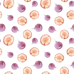 Watercolor hand painted Christmas seamless pattern with toys, stars on white background. Can be used for wallpaper, poster, printing on fabric, scrapbooking, wrapping paper