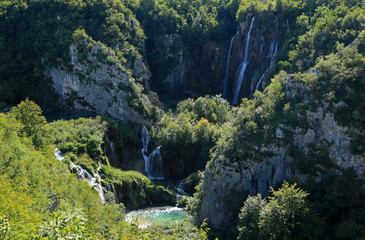 Fototapeta na wymiar Panorama of Big Waterfall in Plitvice Lakes National Park, Croatia