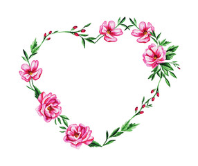 Plakat Romantic watercolor frame in the form of a heart of pink flowers, twigs and buds with green leaves. Hand drawing for wedding invitations, congratulations, for Valentine's Day and more.
