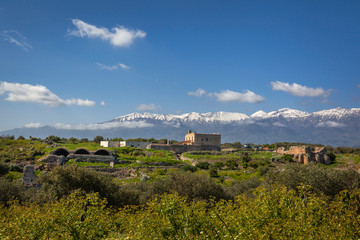 Fototapeta na wymiar Ruins of ancient town Aptera with mountains in background, Crete, Greece
